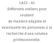 LACI - AI Différents ateliers pour soutenir de manière adaptée et valorisante les personnes à la recherche d'une solution professionnelle.